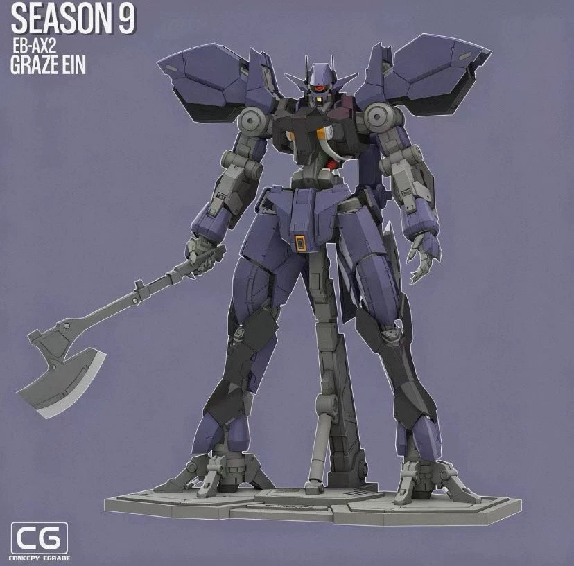A concept art render of a mecha robot holding a large axe, shown on a plain lavender-gray background with the text 'SEASON 9 EB-AX2 GRAZE EIN' and a 'CG Concept Gallery' logo.