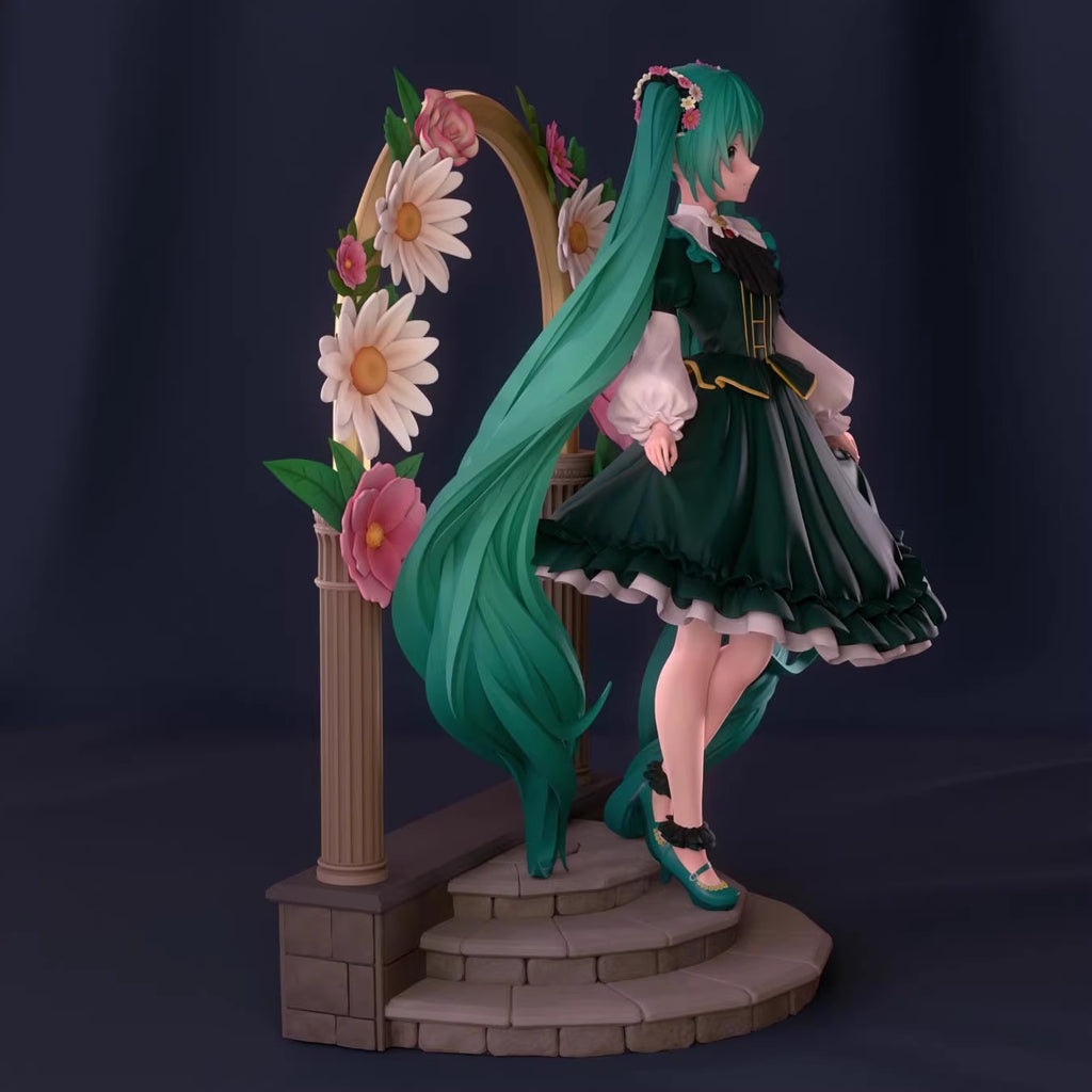 Hatsune Miku figurine with long green hair and a floral arch on a dark background