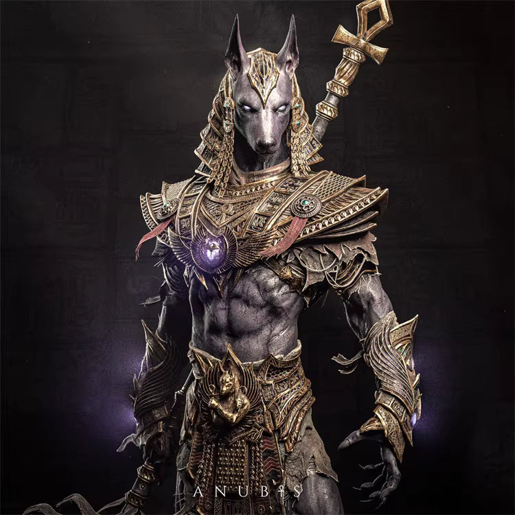 Stylized depiction of Anubis with armor and a weapon on a dark background