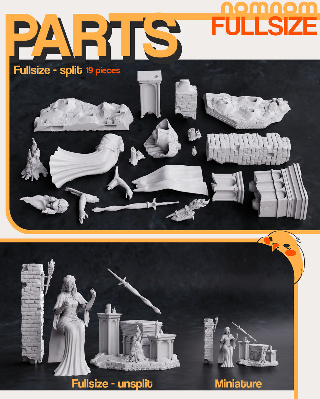 Set of model parts for fullsize and miniature scale with 'nomnom Fullsize' branding.