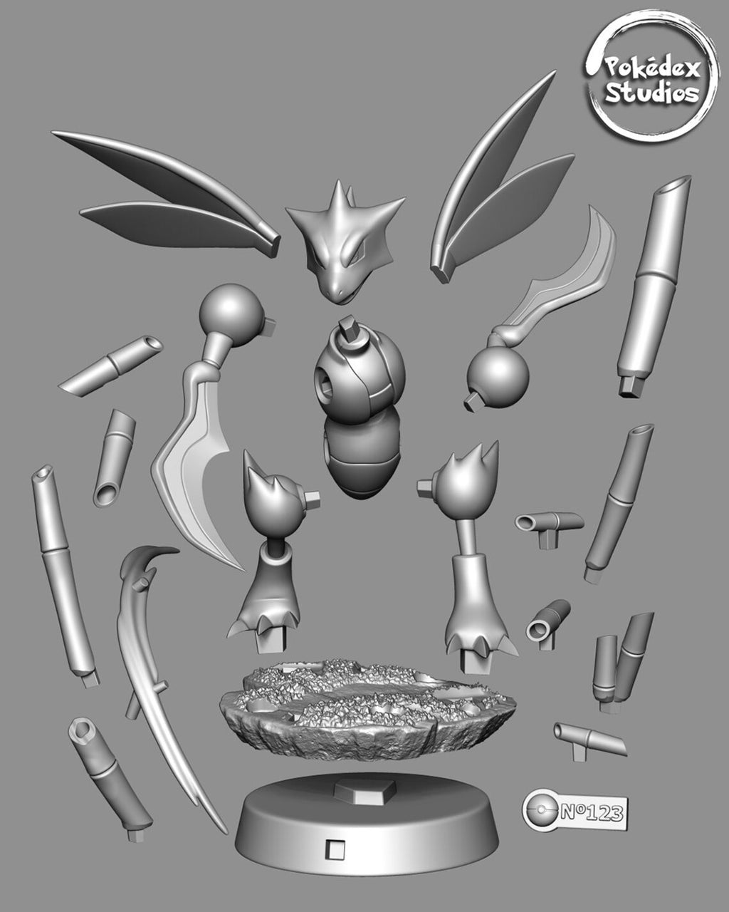 Gray model kit of a character with various parts on a gray background, featuring 'Pokédex Studios' branding.
