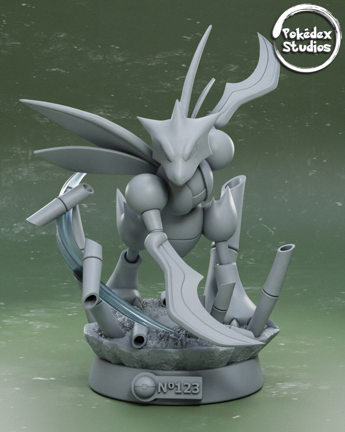 Gray robot figurine with detailed design on a green background, featuring 'Pokédex Studios' logo.