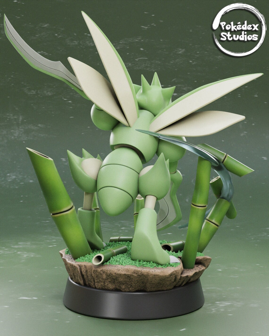 Pokémon model of a green creature with large wings on a green background