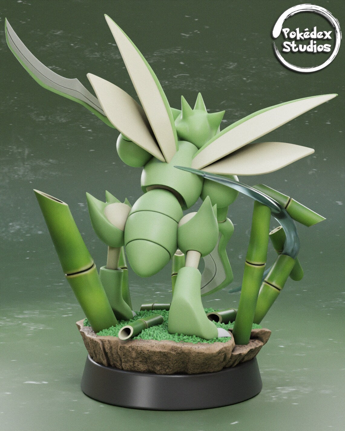 Pokémon model of a green creature with large wings on a green background