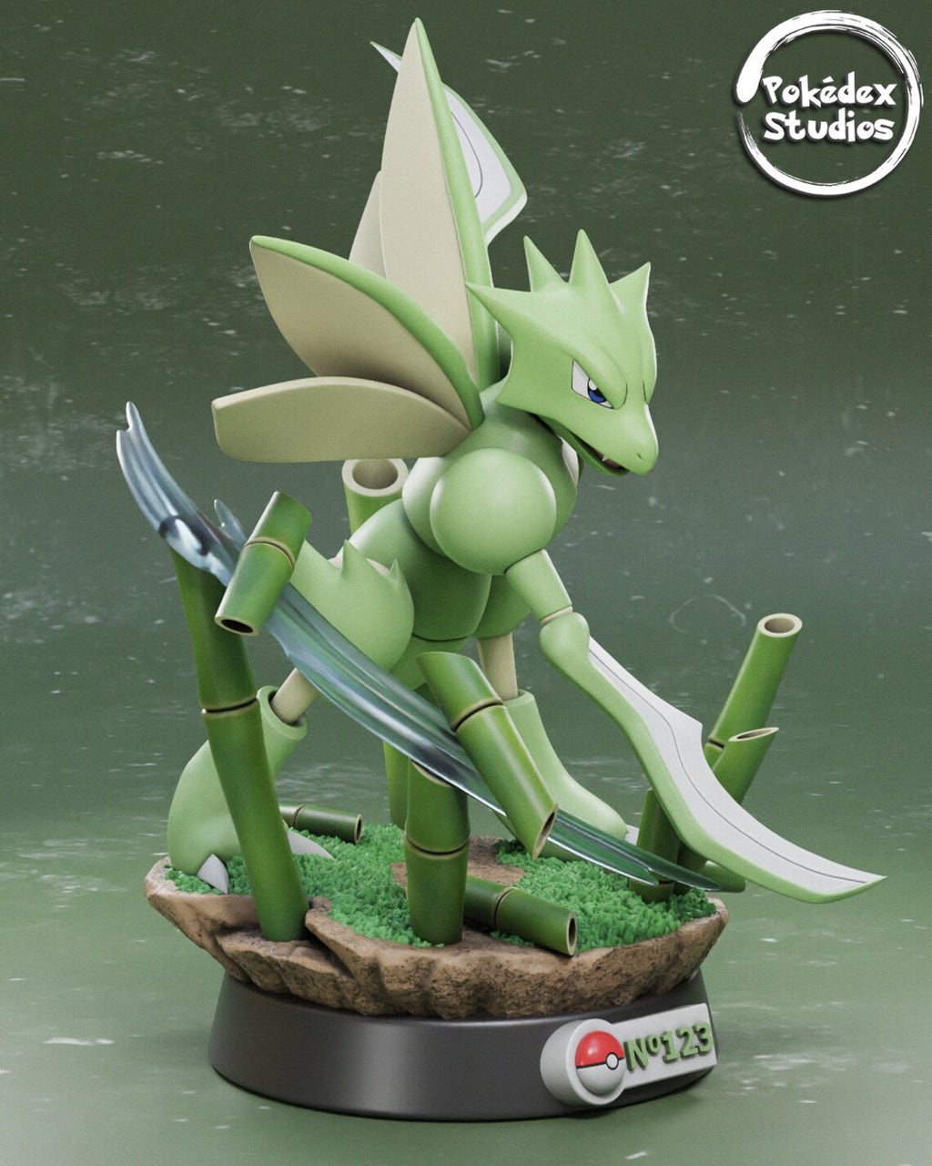 Green fantasy creature figurine with bamboo-like elements on a green background, featuring the Pokédex Studios logo.