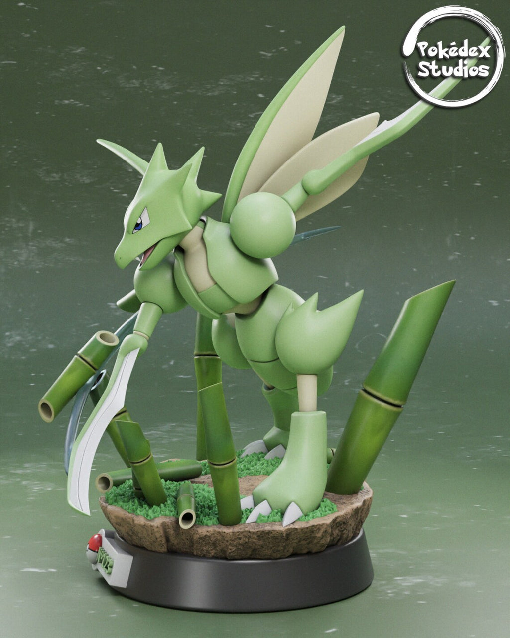 Pokémon figure of a green creature with bamboo-like appendages on a green background.