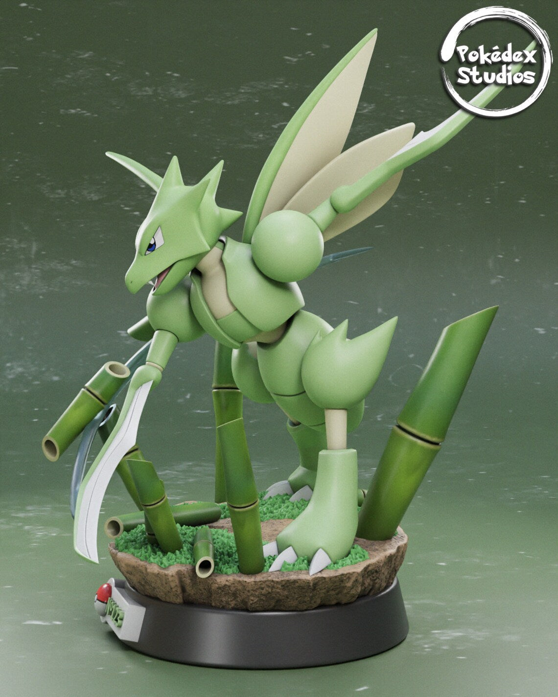 Pokémon figure of a green creature with bamboo-like appendages on a green background.