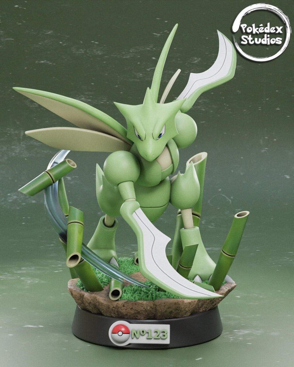 Green fantasy creature figurine with bamboo-like elements on a green background, featuring the Pokédex Studios logo.