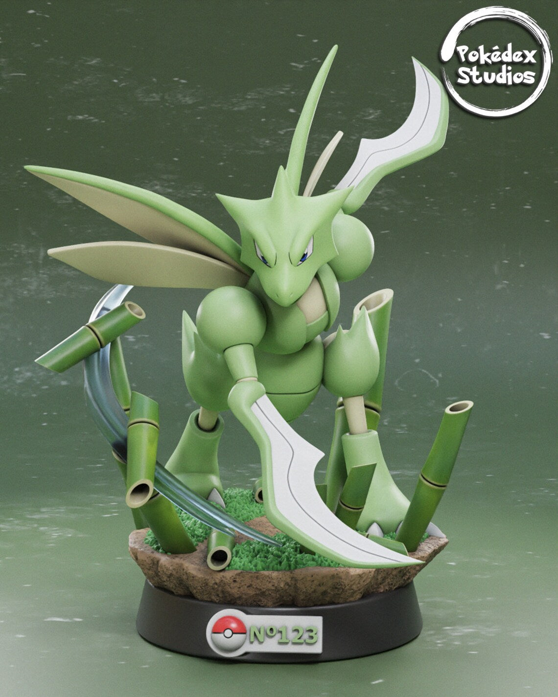 Green fantasy creature figurine with bamboo-like elements on a green background, featuring the Pokédex Studios logo.