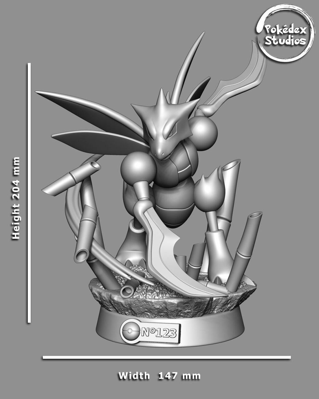 Pokémon figure with measurements on a gray background
