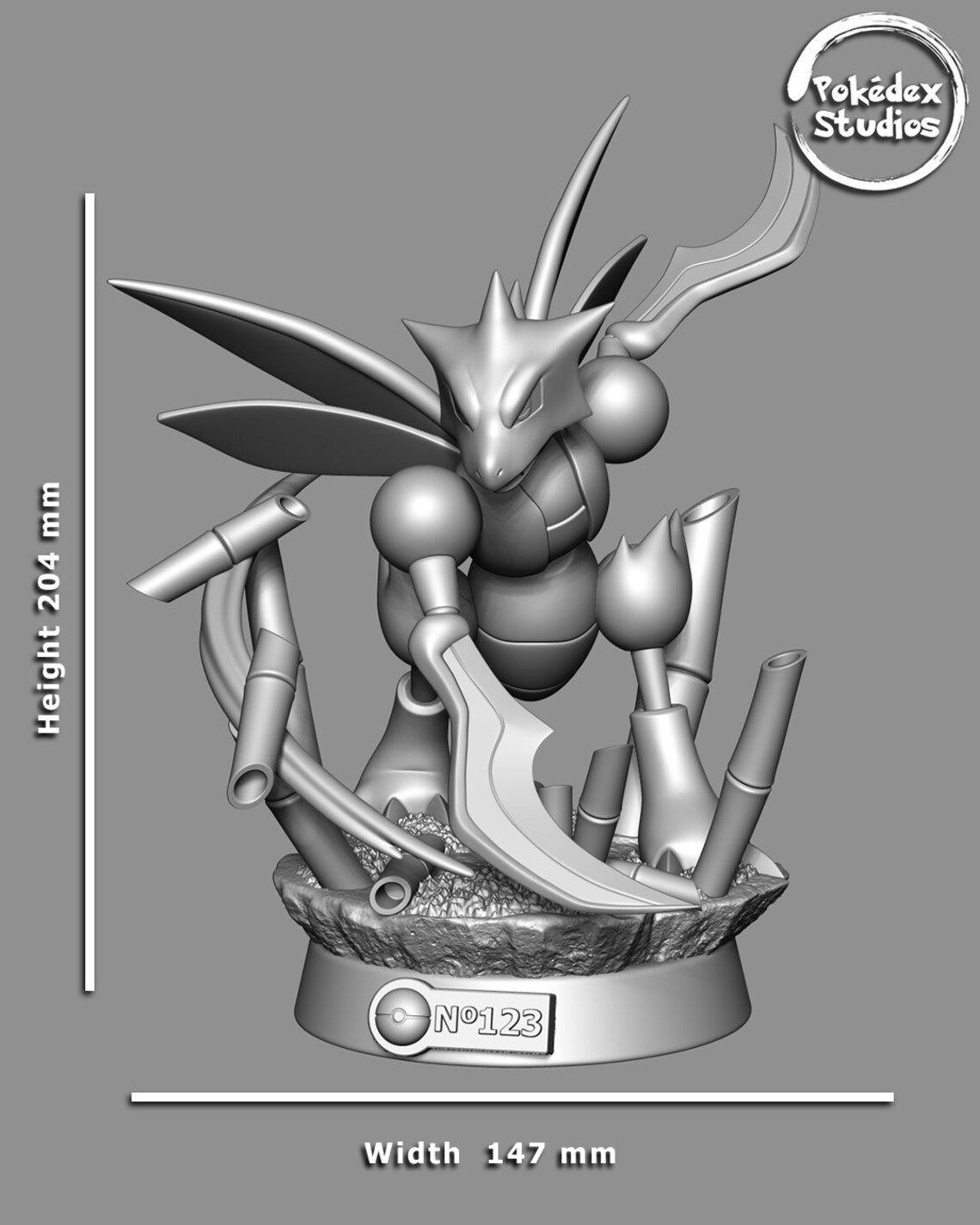 Pokémon figure with measurements on a gray background