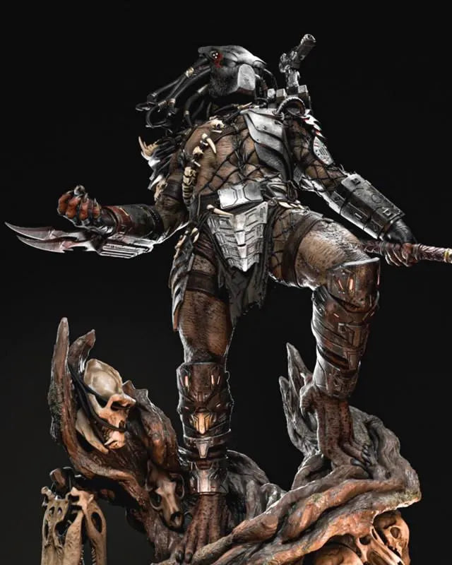 Detailed figure of a warrior with armor and weapons on a dark background