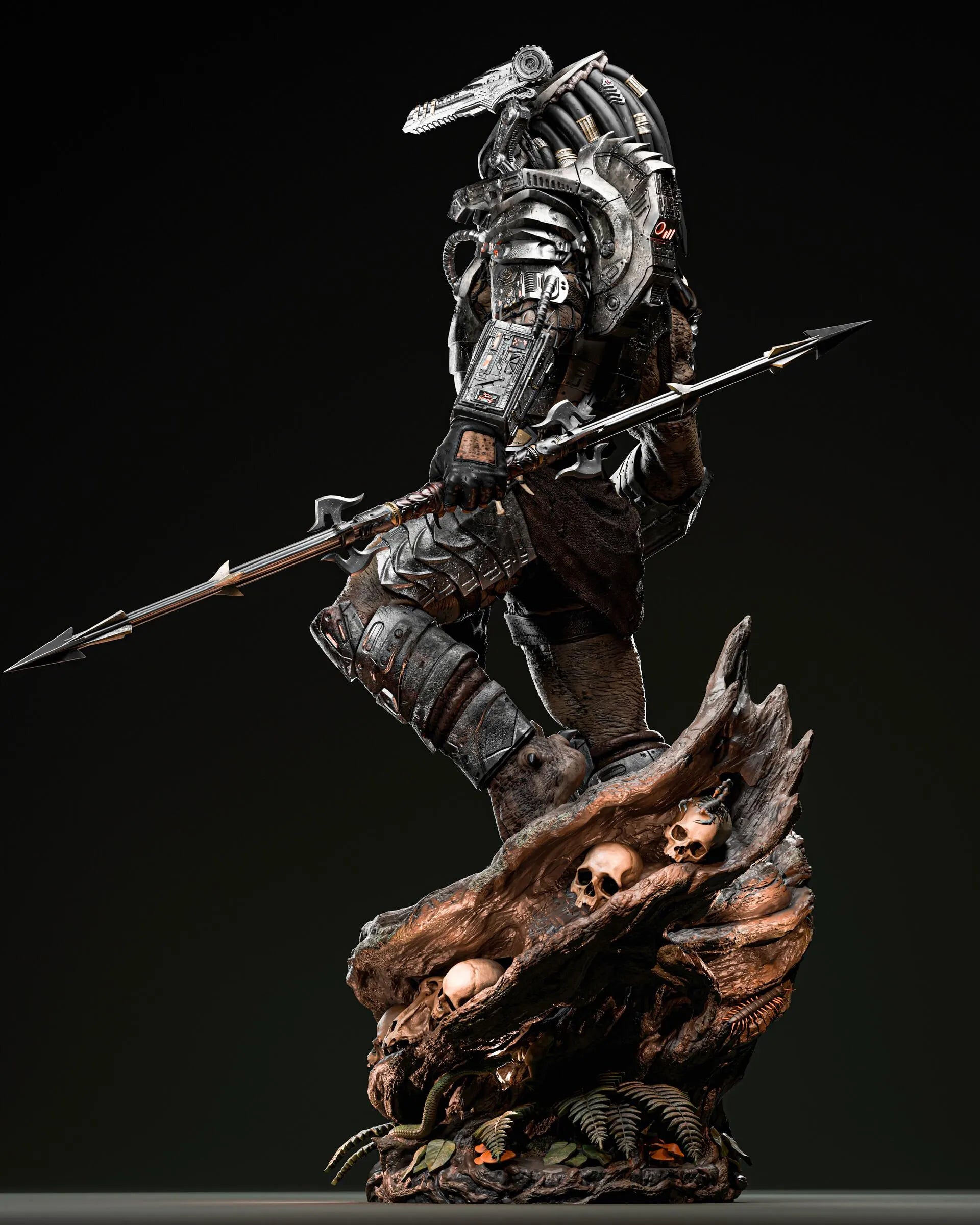 Statue of a warrior with armor and spear on a dark background