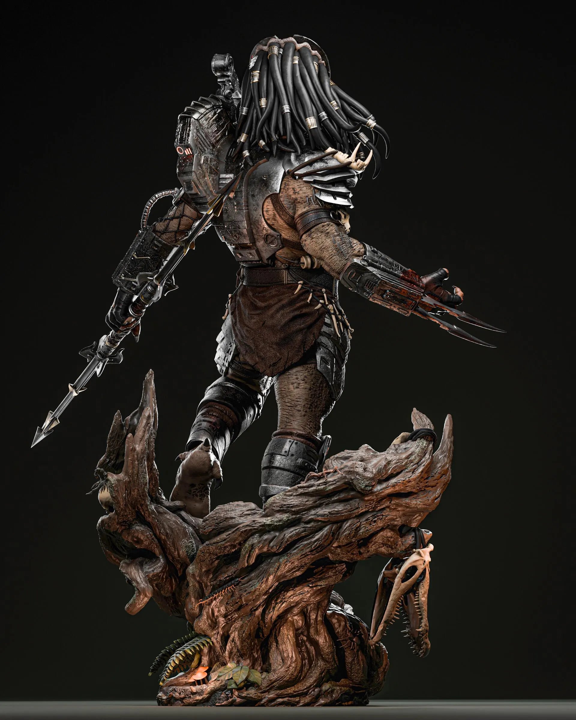 Predator action figure on a wooden base with a dark background