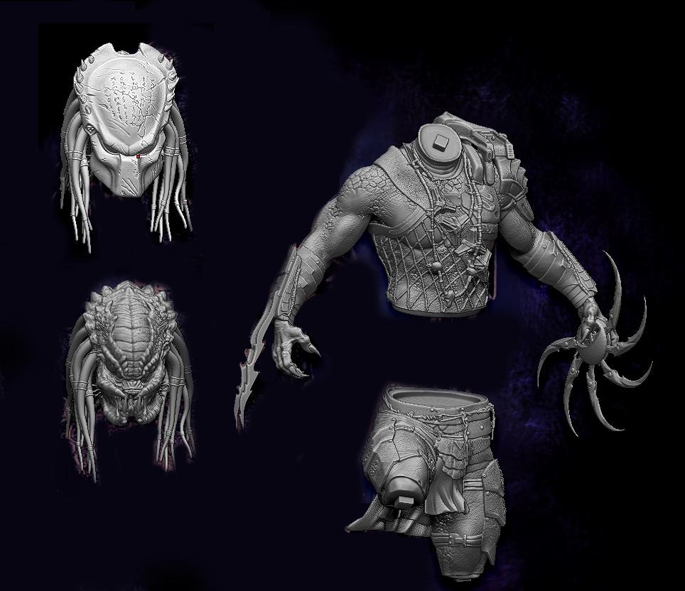 Predator action figure parts on a dark background