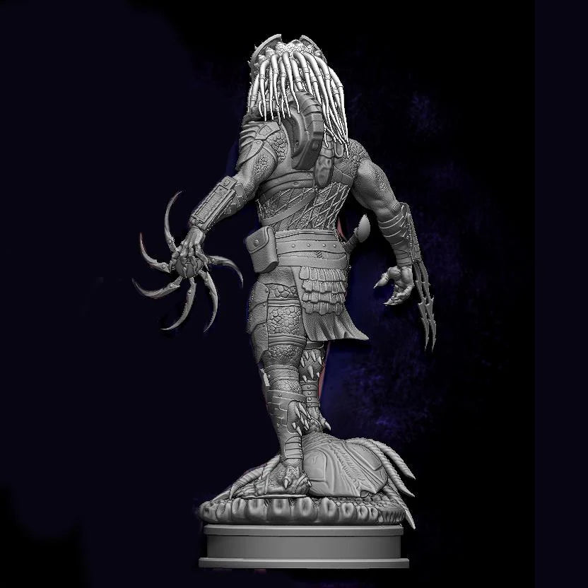 Statue of a warrior with armor and a weapon on a dark background