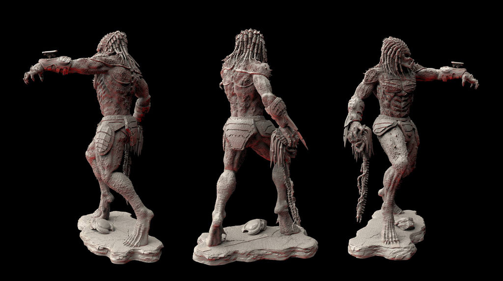 Three statues of a creature with humanoid features and animal-like attributes on a black background.