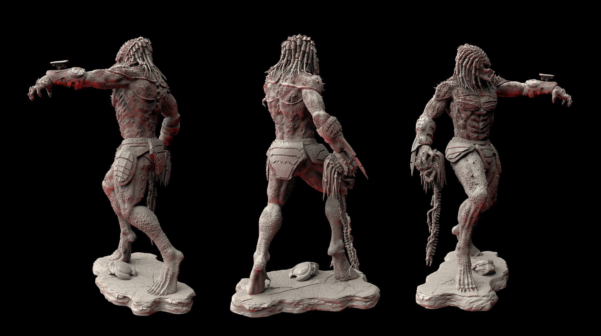 Three statues of a creature with humanoid features and animal-like attributes on a black background.