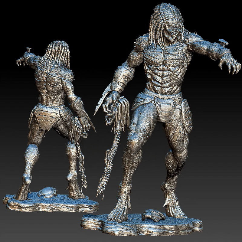 Two metallic alien figures on a dark background