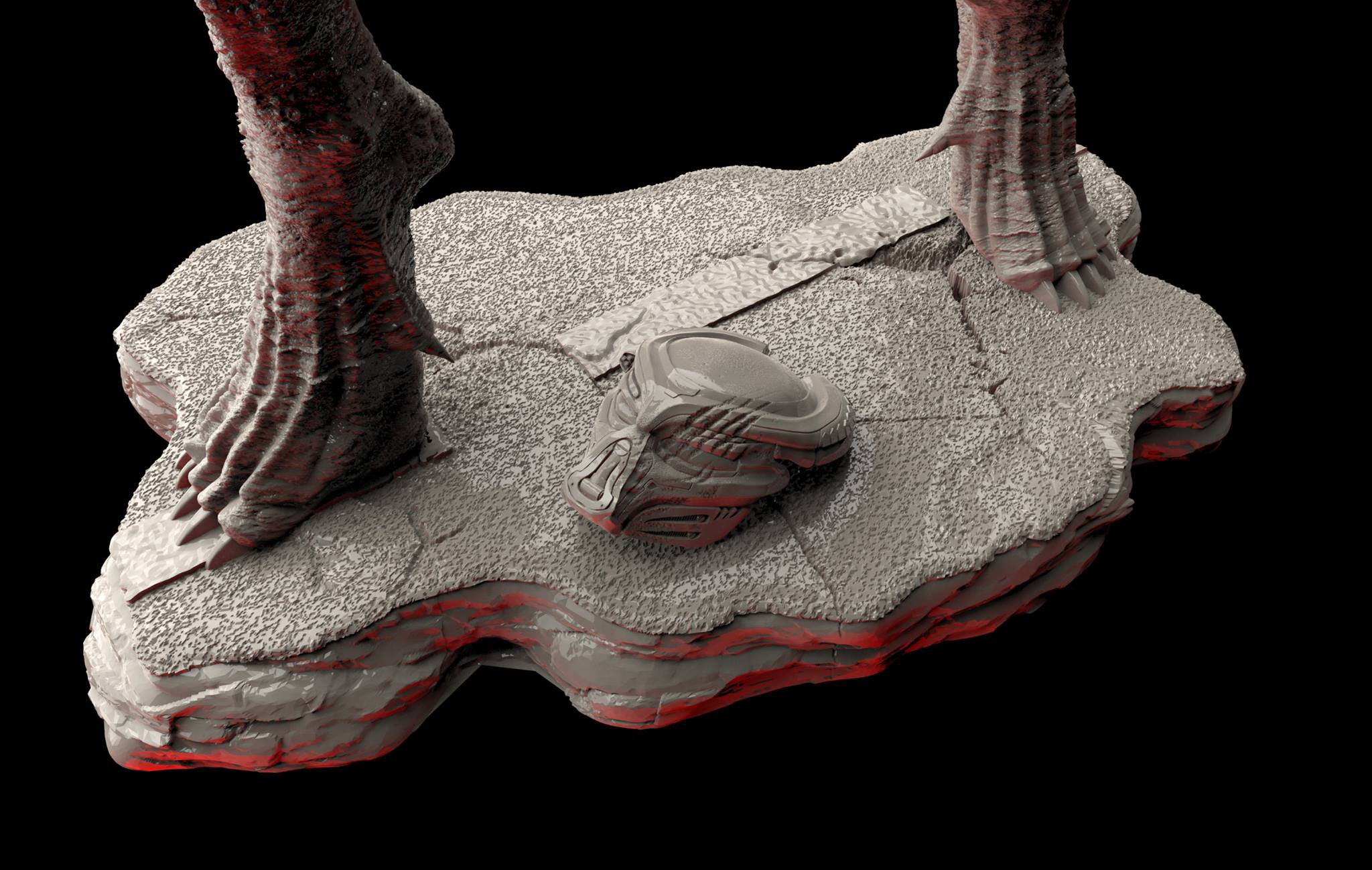 Close-up of feet stepping onto a textured platform with a black background