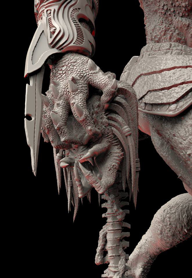 Close-up of a creature with a detailed arm and hand holding a weapon against a dark background