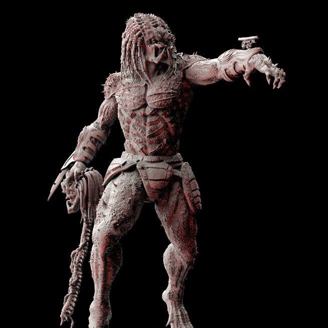 Predator action figure with detailed scarring and armor on a black background