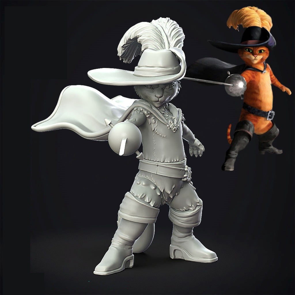 A 3D-printed unpainted resin figurine of a cat character in a pirate outfit, shown alongside a color reference photo of the finished orange-and-black painted version. The main subject is the light gray raw 3D model on a dark background.