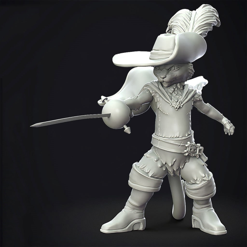 A 3D-rendered unpainted figurine of a cat dressed as a pirate, holding a sword, shown on a dark studio background.