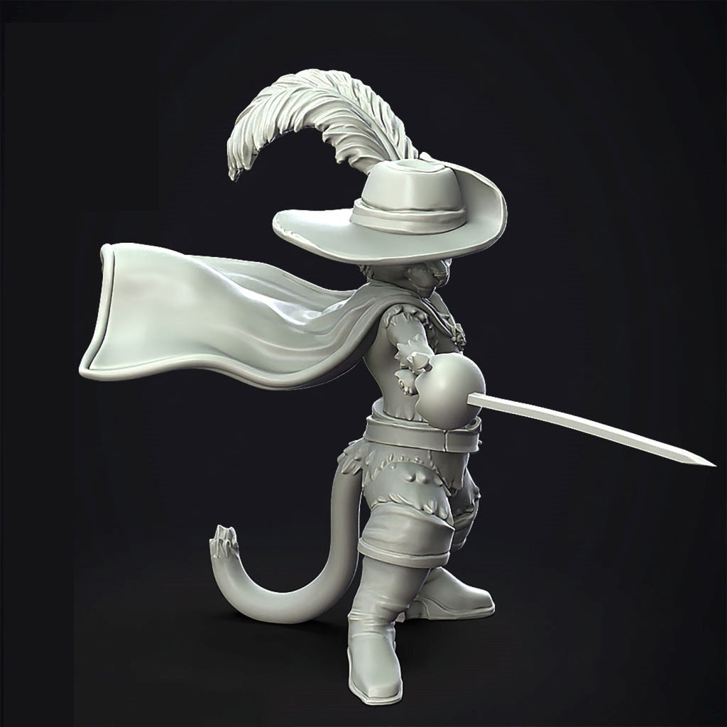 A monochrome 3D-rendered fantasy miniature figure of a cat-like warrior wearing a wide-brimmed hat with a large feather, flowing cape, armor, and holding a sword, shown on a dark studio-style background.