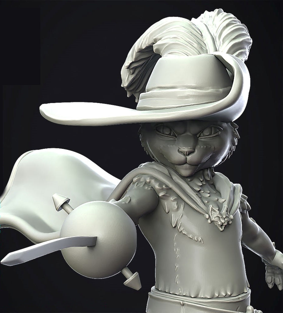 A monochrome 3D-rendered character bust of a cat-like figure wearing a wide-brimmed feathered hat, ornate clothing, and a cape, holding a curved blade-like accessory against a dark background.