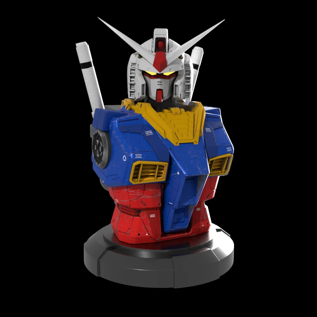 Colorful robot head sculpture on a black background