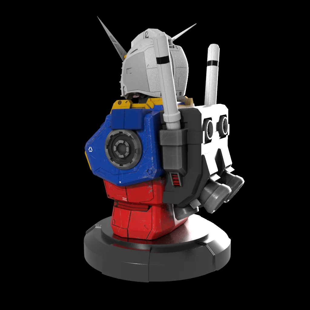Toy robot model with red, blue, and gray colors on a black background
