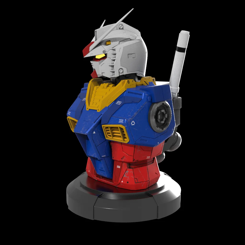 Model of a robot bust with red, blue, and yellow colors on a black background