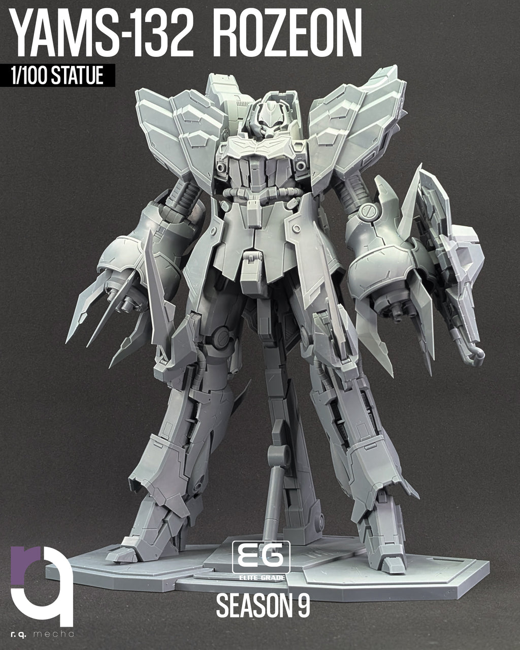 A gray 1/100 scale model statue of the YAMS-132 ROZEON mecha from Season 9 of RG Mechno, standing on a display base against a dark gray background.