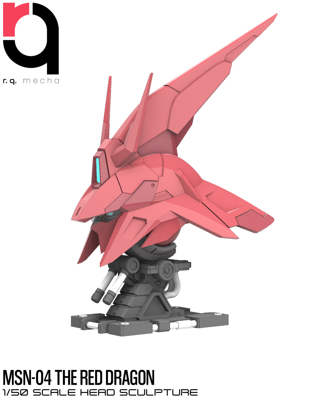 Red robot head sculpture with 'rq mecha' logo on a white background