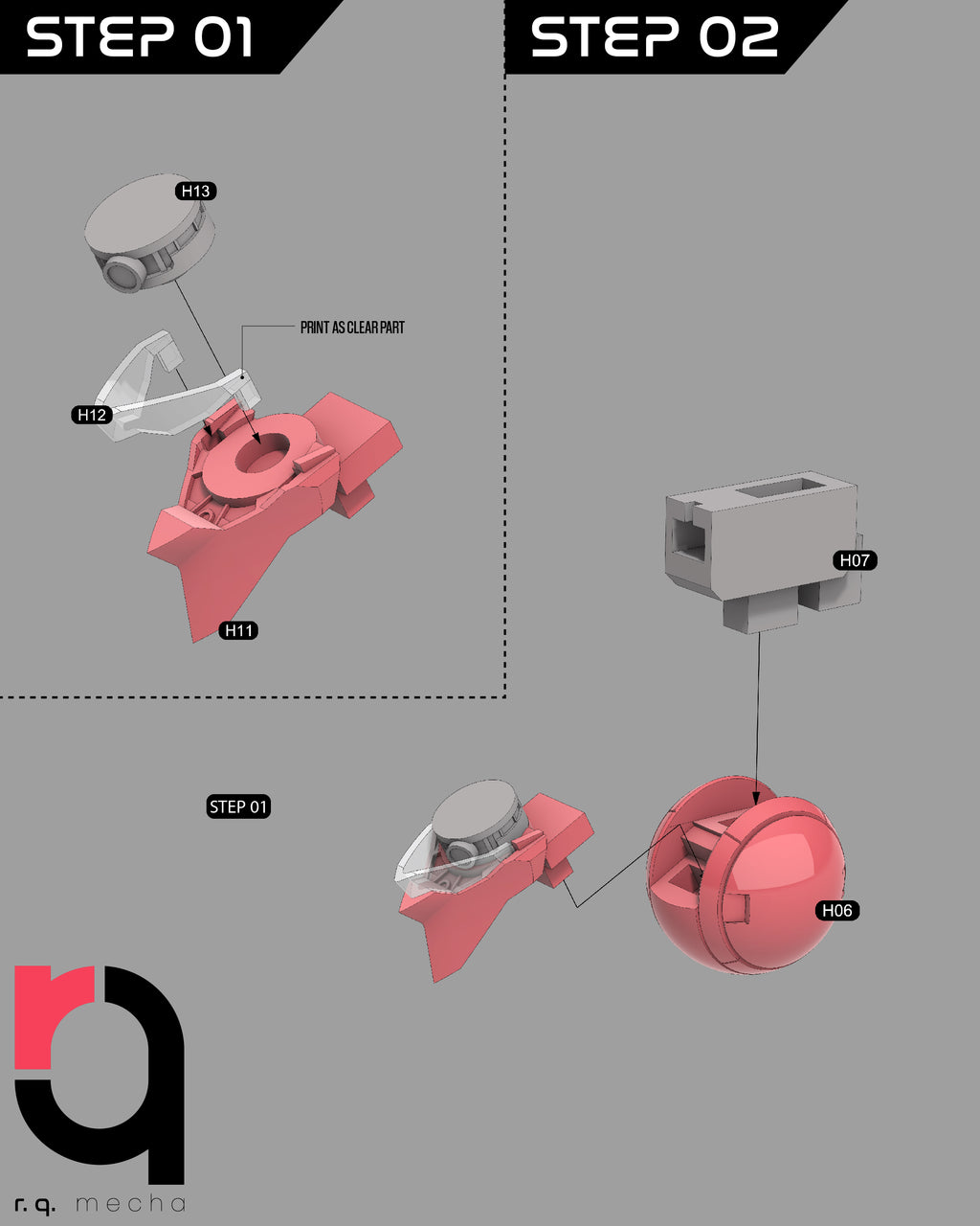Step-by-step assembly diagram of a mechanical component with labeled parts on a gray background.