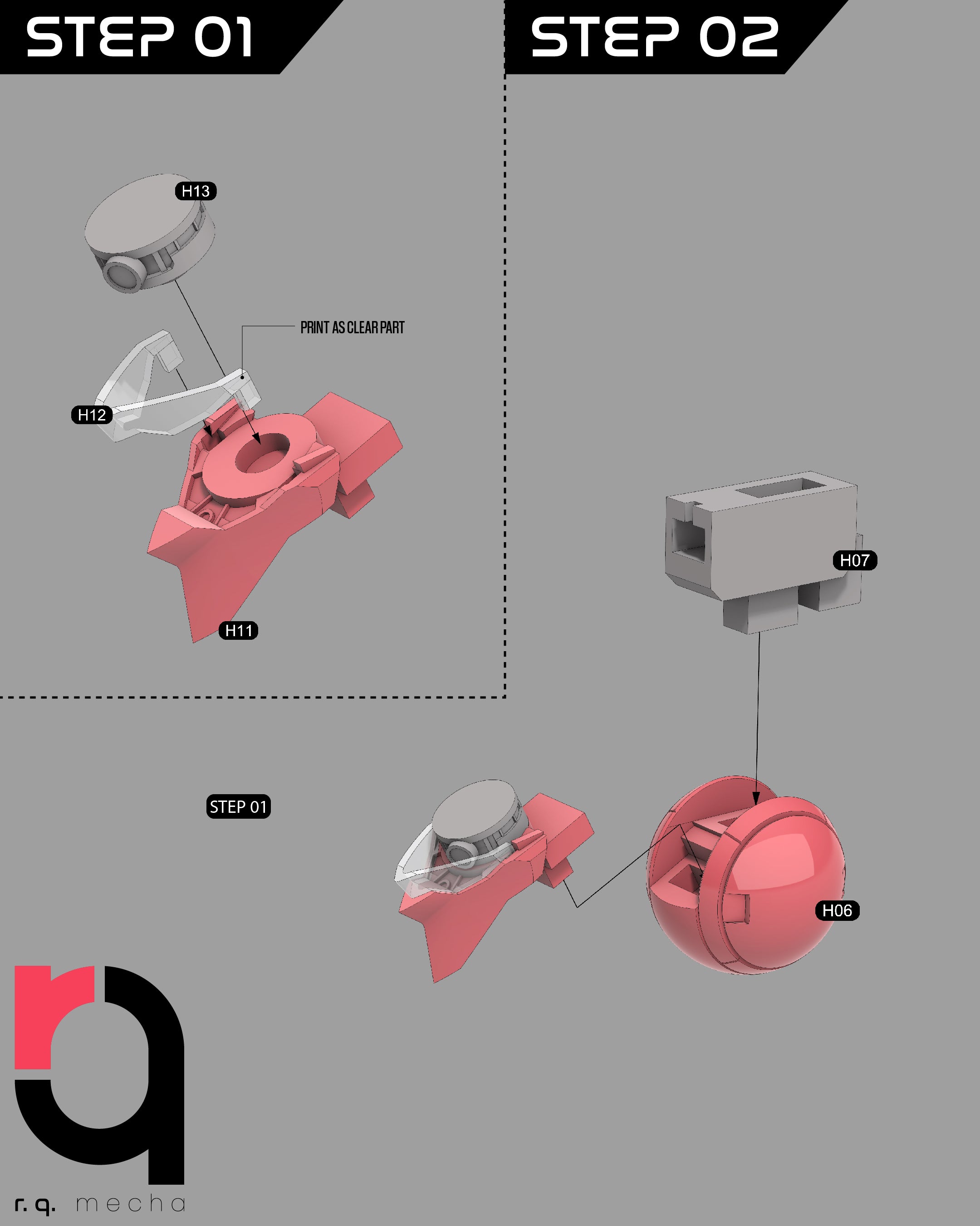 Step-by-step assembly diagram of a mechanical component with labeled parts on a gray background.