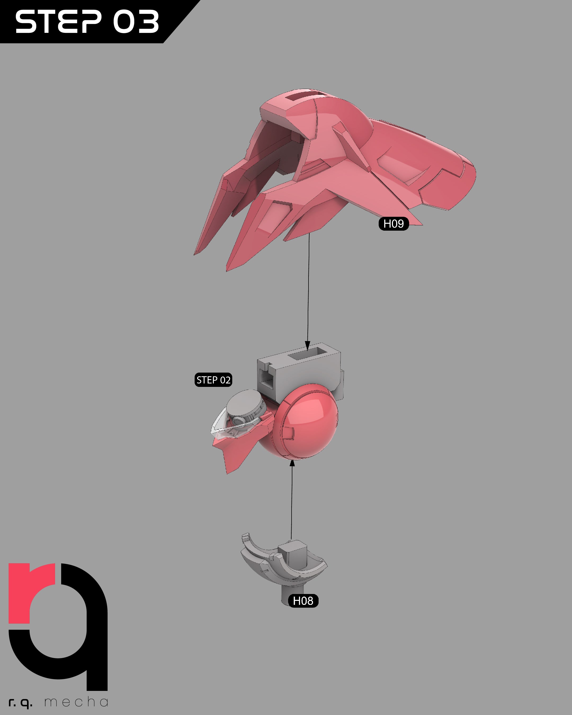 Mechanical component with pink and gray design on a gray background, featuring the r.q. mecha logo.