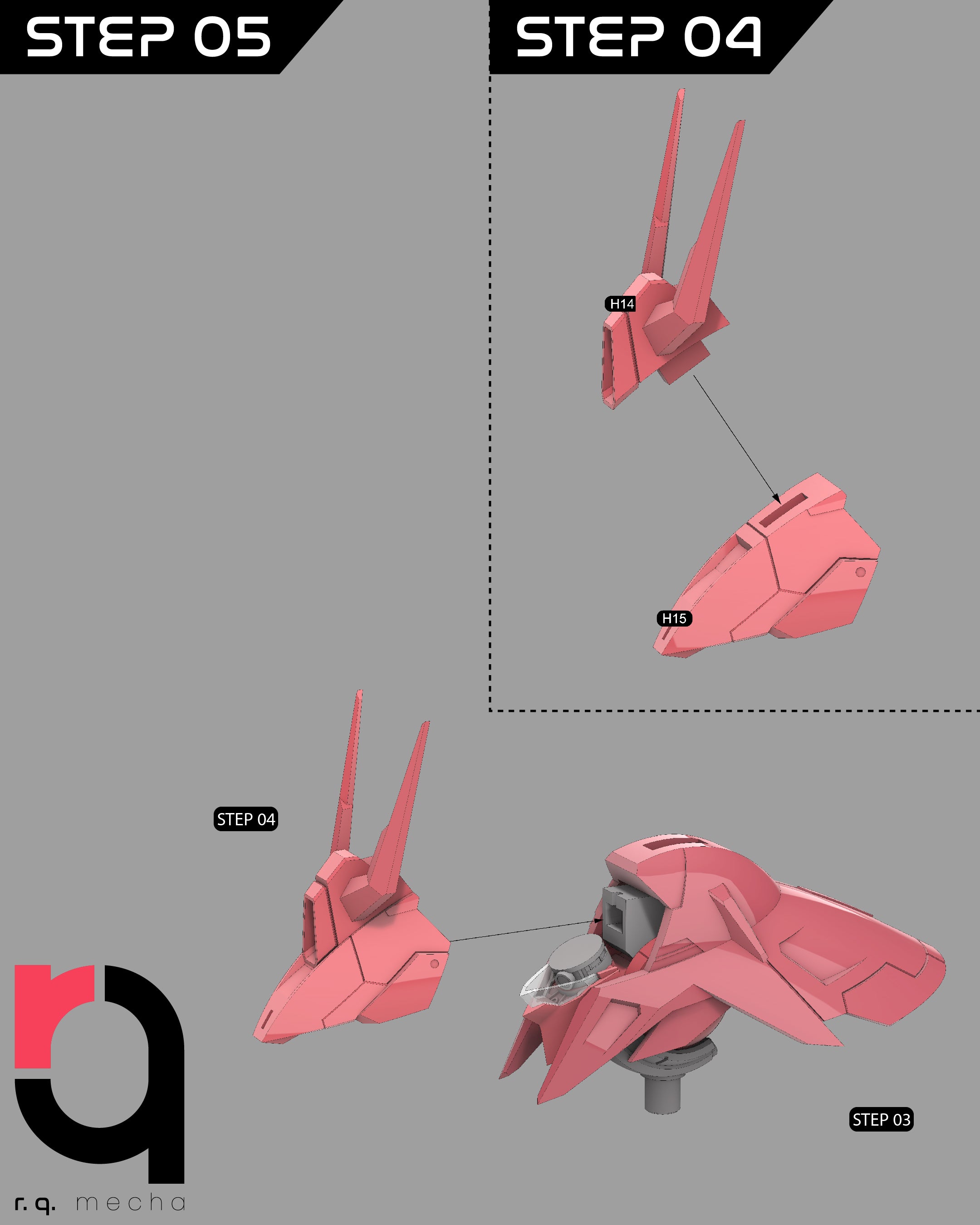 Step-by-step assembly of a pink mecha model with labeled parts on a gray background.