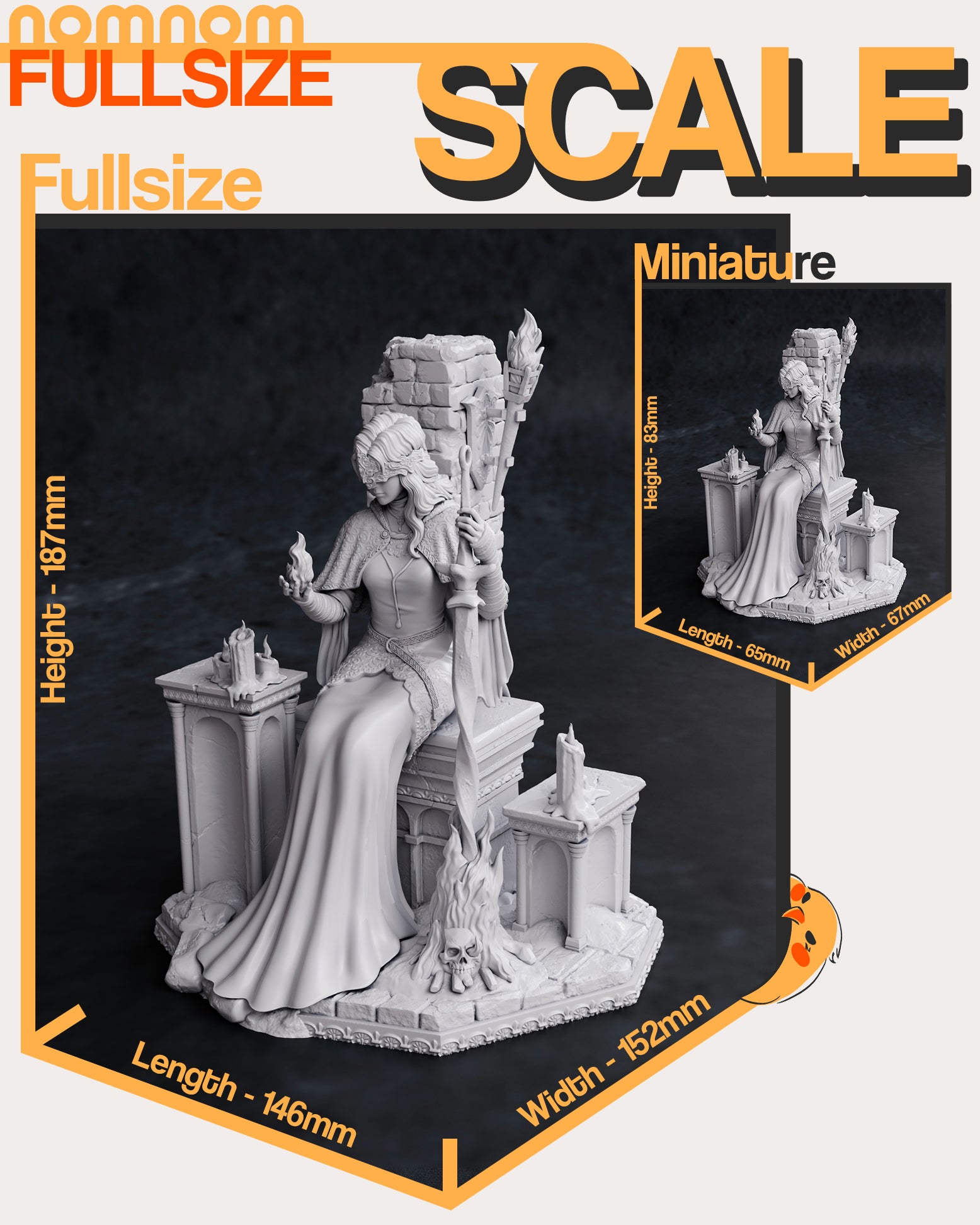 Scale model packaging with miniature figure and measurements on a black background