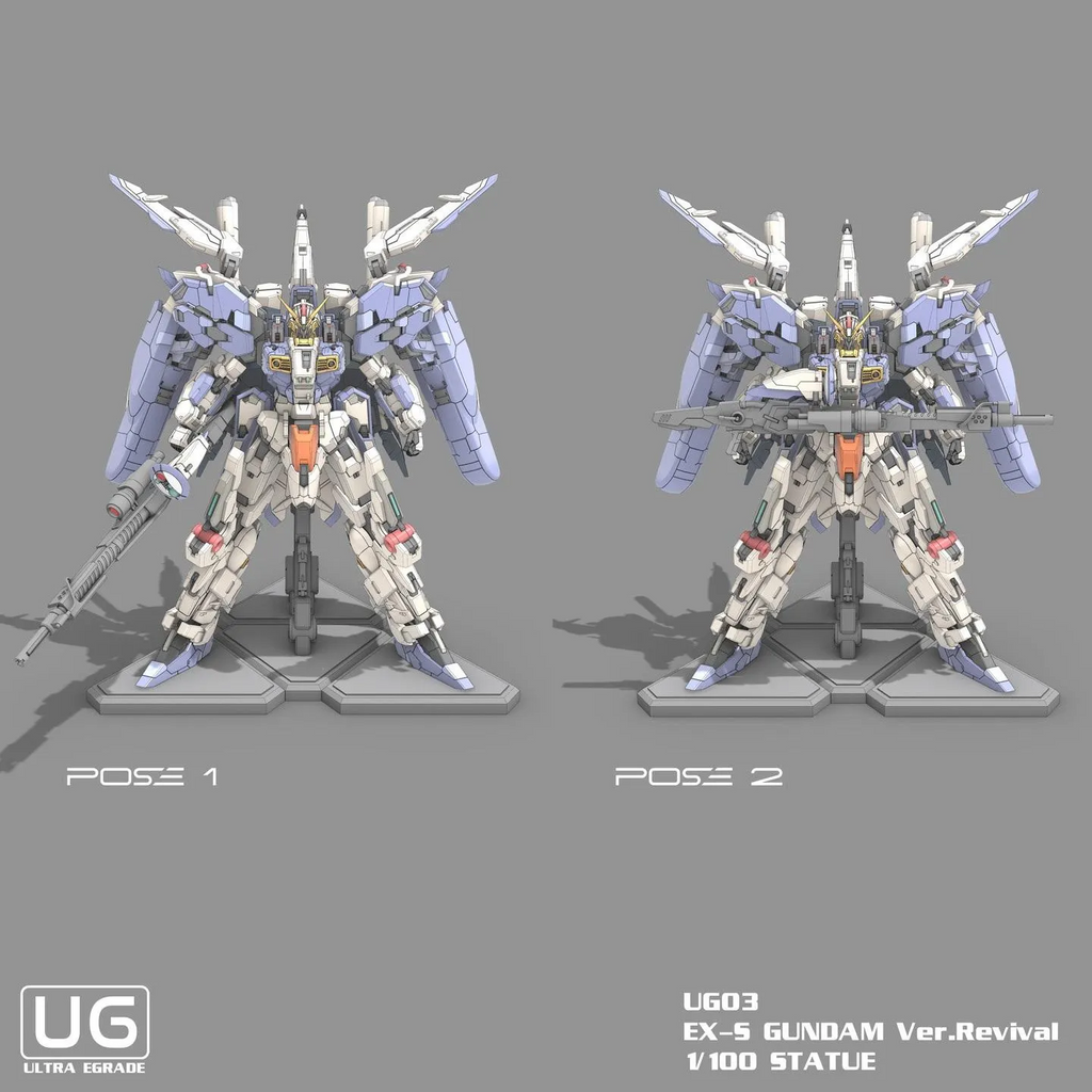 Two poses of a model kit on a gray background with 'UG' branding.