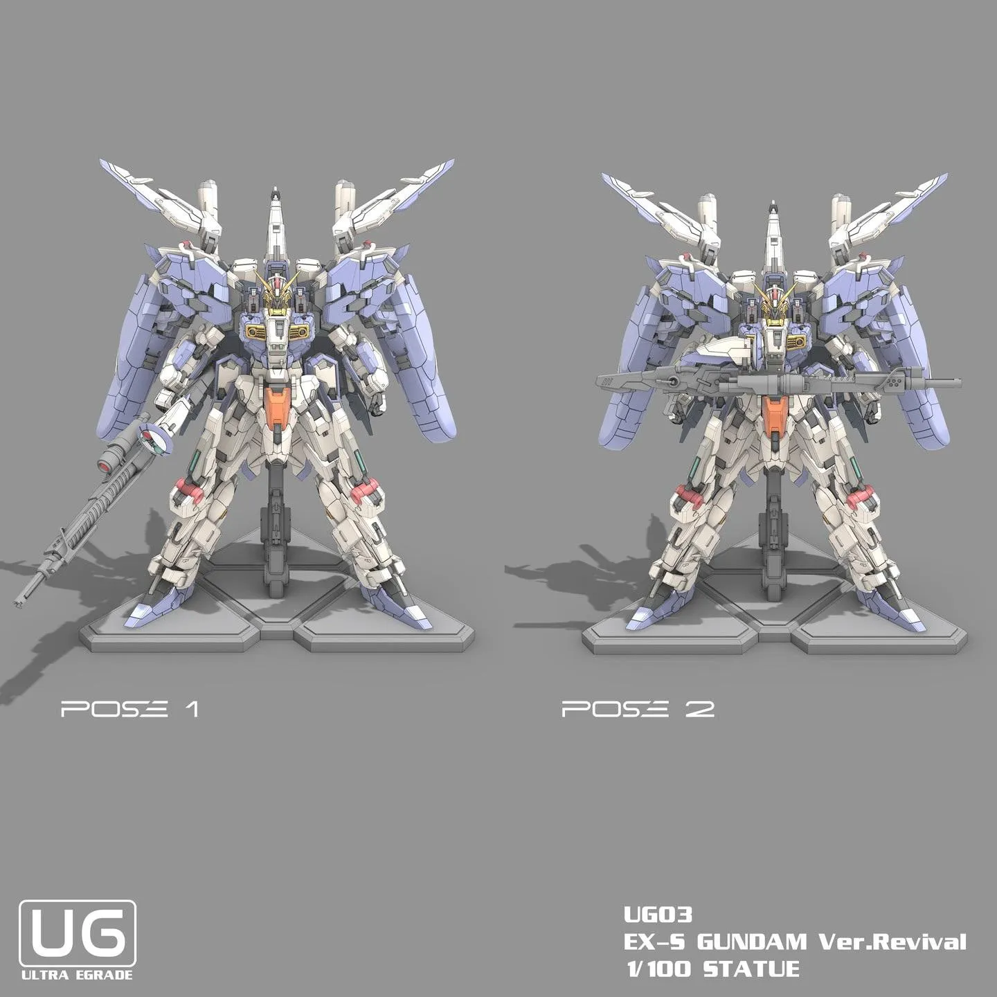 Two poses of a model kit on a gray background with 'UG' branding.
