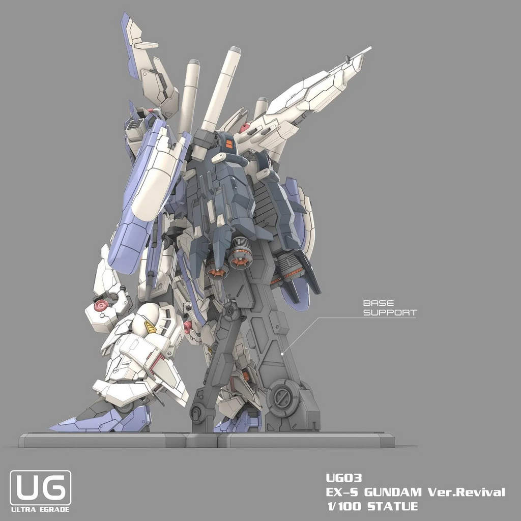 Model kit of a robot with 'UG' branding on a gray background