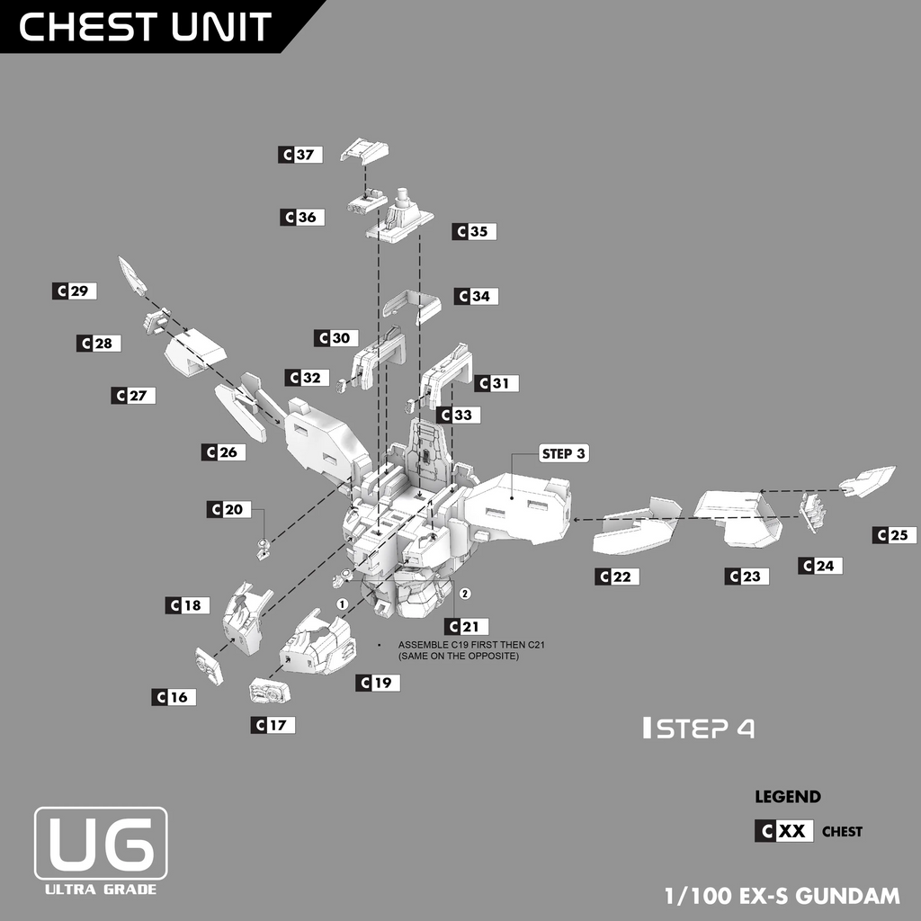 Diagram of a model kit for a chest unit of a robot, with labeled parts and assembly steps on a gray background.