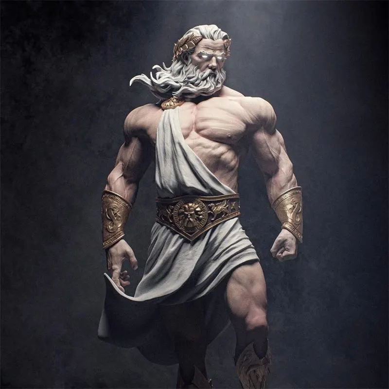 Zeus figure in classical attire with armor on a dark background
