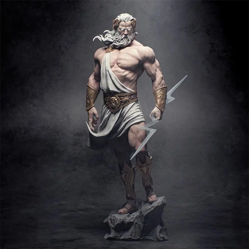 Statue of a Zeus figure holding a lightning bolt on a dark background