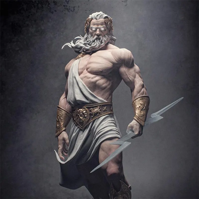 Zeus figure in classical attire holding a sword against a dark background