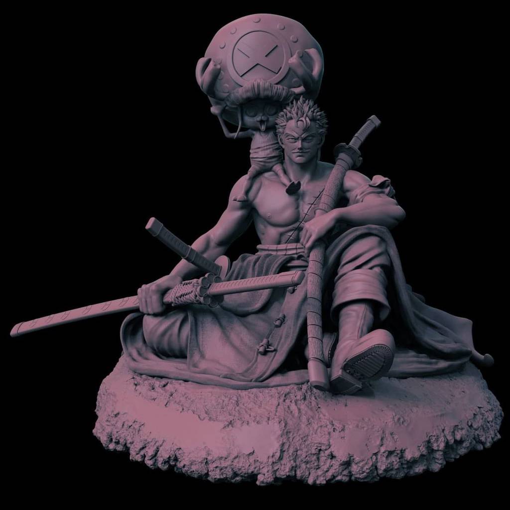 Unfinished sculpture of a character with a helmet and weapons on a black background