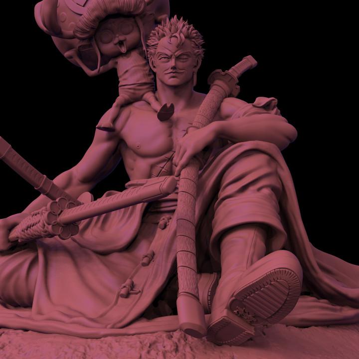 Maroon-colored sculpture of a character with a large weapon on a black background