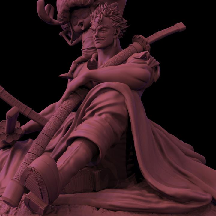 Maroon-colored sculpture of a character with a sword on a black background